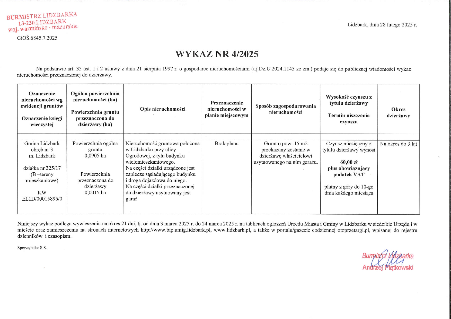 Wykaz Nr 4/2025 - Nieruchomość gruntowa do dzierżawy - obr. 3 m. Lidzbark dz. nr 325/17